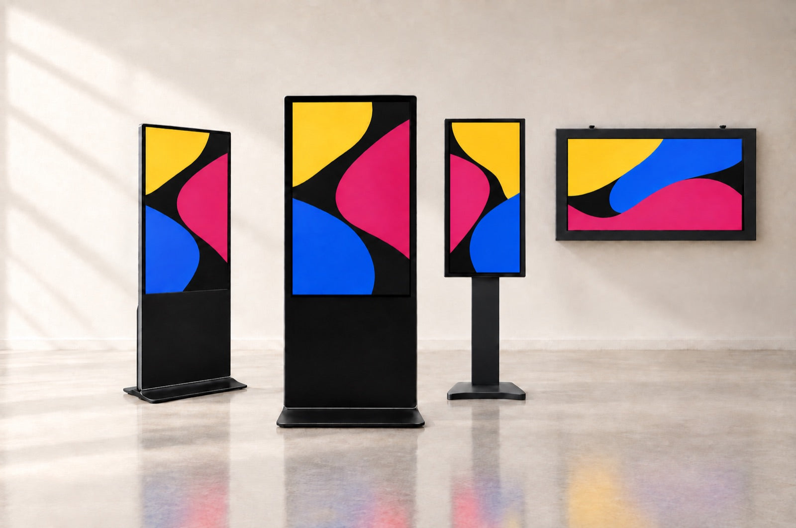 The Longfield Media range: an outdoor totem, an indoor kiosk, a window display and a wall-mounted screen.