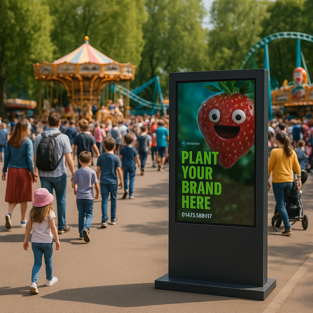 A Longfield Media freestanding digital screen beside a carousel at a family attraction, with families walking past.